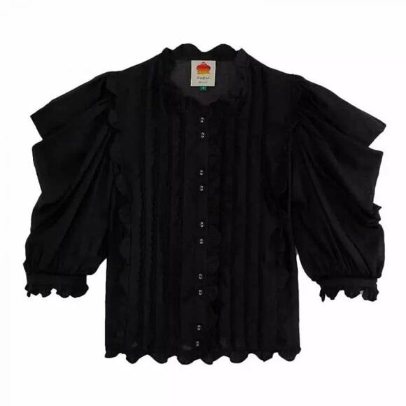 Farm Rio Short Sleeve Pleated Blouse - L Black - Picture 1 of 7